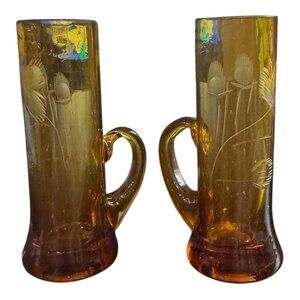 Vtg Shot Glass Hand Blown Tall Skinny Floral Etched Amber Applied Handle Lot 2